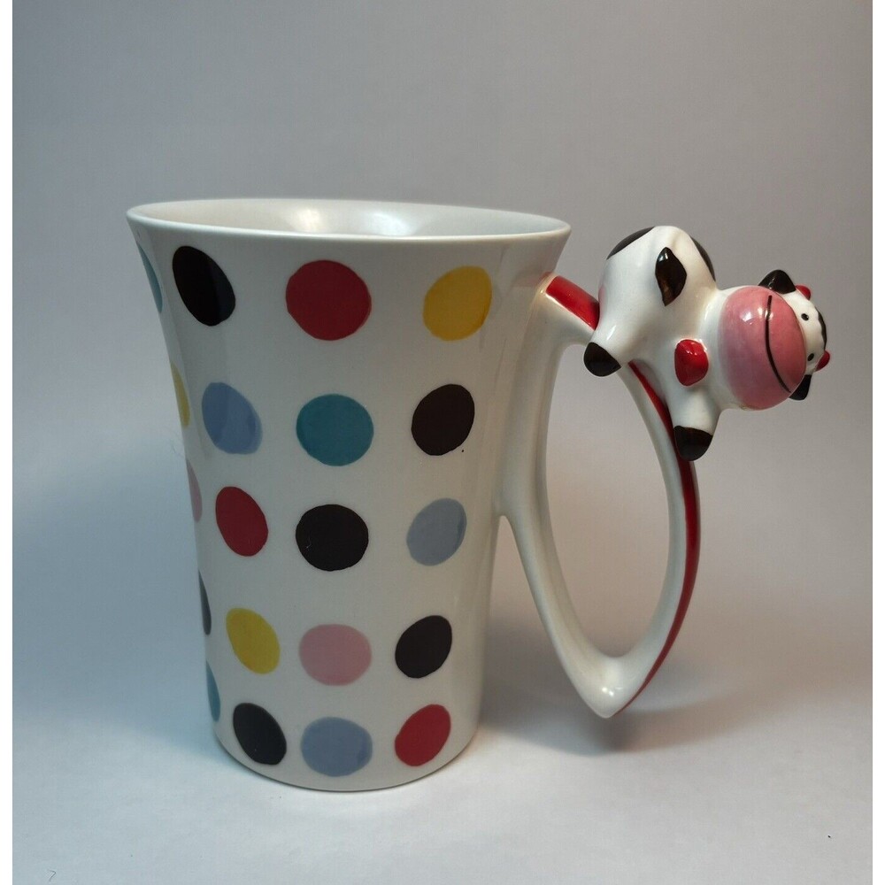 Indra Colorful Polka Dot Mug Cup Applied Cow On Handle Hand Painted 8 Ounce